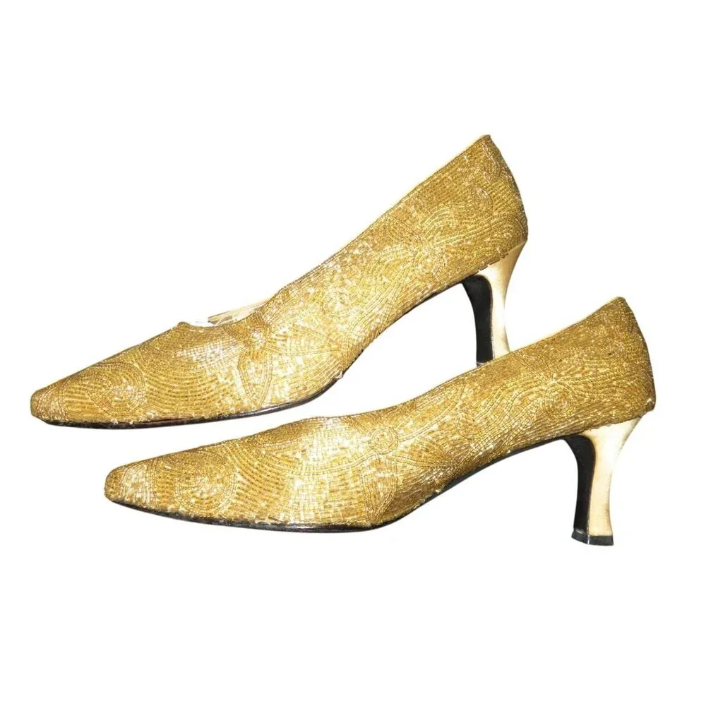 Valerie Stevens Veronica Gold Beaded Leather Kitten Heel Closed Toe Pumps